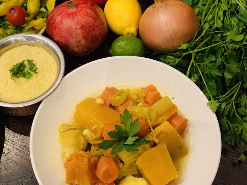 Vegetable couscous with herbs, pomegranate and lemon